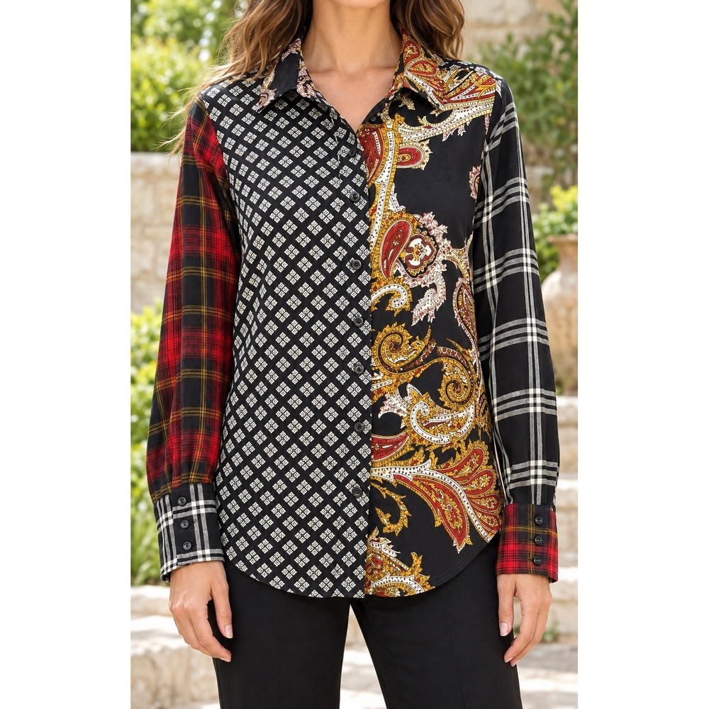 Hannah Mixed Print Paisley Plaid Button Down Blouse Multi Pattern Top Size Small